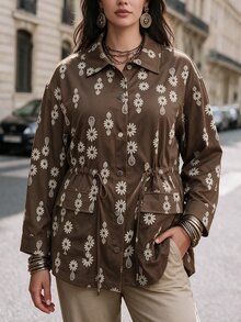Vionelle Plus Size Women's French Casual Elegant Printed Long Sleeve Jacket Fall Going Out Office Brown - Brown - View 4