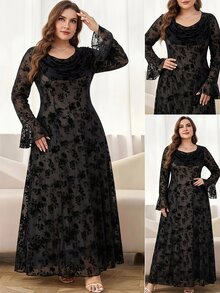 Reflora Plus Size Fashion Party Floral Flocked Mesh Dress Fall - Black - View 7