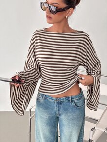 Siren Gaze Women's Boat Neck Batwing Long Sleeve Striped T-Shirt, Autumn New Style - Brown - View 6