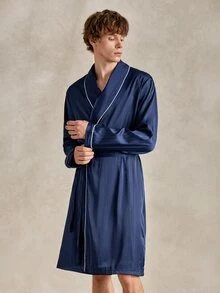 EverLounge Satin Comfortable Minimalist Contrast Trim Men's Robe - Navy Blue - View 4