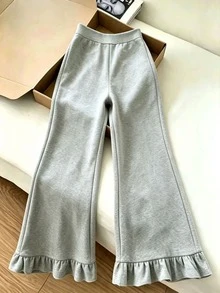 Franclia Women's Solid Color Elastic Waist Ruffle Hem Casual Long Pants - Grey - View 2