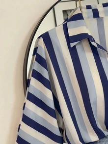 SHEIN Franclia 女款韓系街頭風單排釦條紋襯衫 - 藍色 - 查看 4