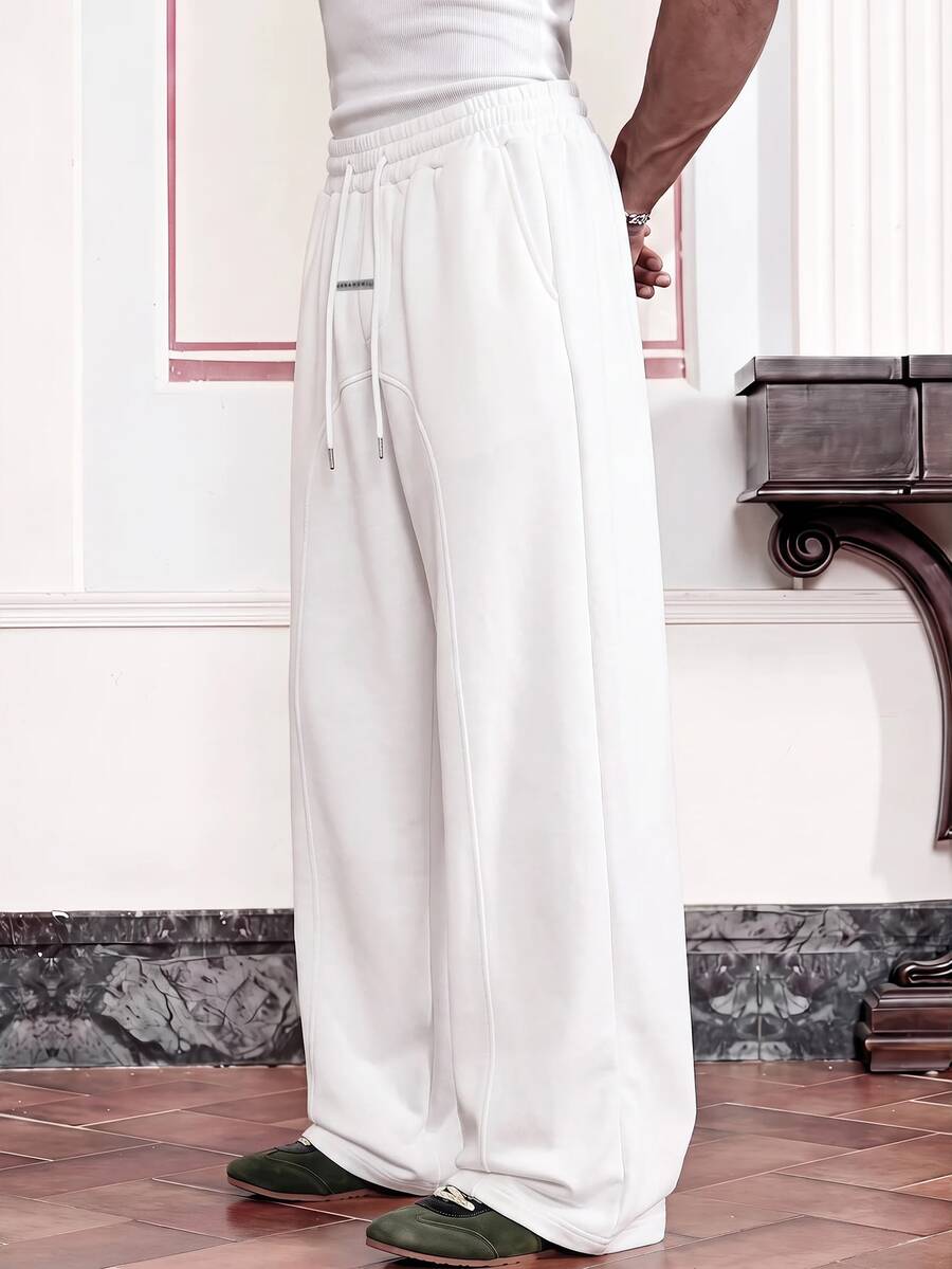 SWAVVY Men's Spring/Autumn Casual Loose Fit Sports Sweatpants, Standard Size, Grey Solid Color, Elastic Waist With Patchwork - White - View 1
