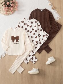 SHEIN Young Girls Bow T-Shirt Set, New Fall Looks, Autumn, Winter, Back To School Autumn/Winter Basic Base Set, Multi-Piece - Brown - View 1