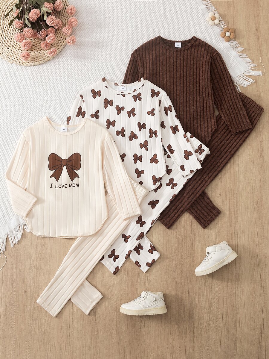 SHEIN Young Girls Bow T-Shirt Set, New Fall Looks, Autumn, Winter, Back To School Autumn/Winter Basic Base Set, Multi-Piece - Brown - View 1