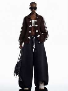 LYSMO Women's Frog Button Design Side Stripe Lightweight Jacket - Brown - View 3
