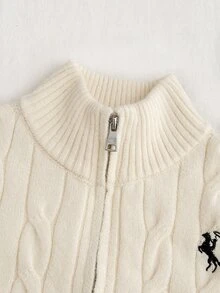 SHEIN 青少年女孩休閒純色半高領長袖寬鬆短版女款開襟針織衫，舒適時尚百搭，秋季上衣 - 米色 - 查看 4