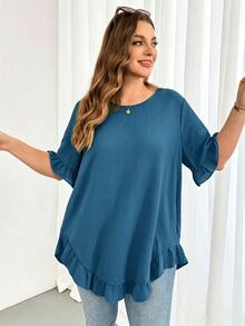 Shapeblank Áo blouse nữ size lớn màu trơn cổ tròn tay ngắn gấu bèo dáng rộng - Màu xanh ngọc - Xem 4