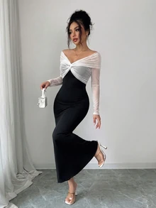 SHEIN Raffinéa Elegant Sexy Off-Shoulder Long Sleeve Fitted Bodycon Dress For Women - Black and White - View 4