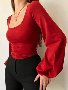 INAWLY Women's Plus Size Square Neck Lantern Sleeve Long Sleeve Sexy Fitted Top T-Shirt - Red - View 3