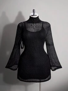 SHEIN ICON Plus Size Y2K Stand Collar Mesh Sheer Flare Sleeve Dress 2 Pieces Set, Halloween Gothic Vintage 2 Pieces Set Fall - Black - View 1