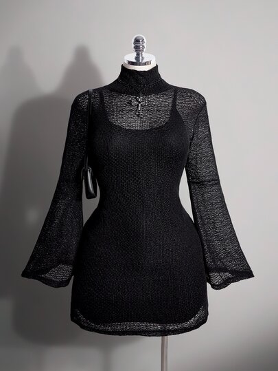 SHEIN ICON Plus Size Y2K Stand Collar Mesh Sheer Flare Sleeve Dress 2 Pieces Set, Halloween Gothic Vintage 2 Pieces Set