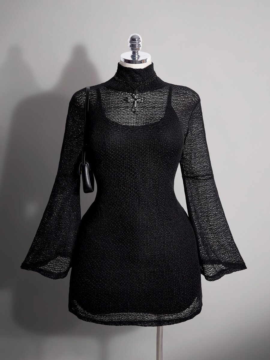 SHEIN ICON Plus Size Y2K Stand Collar Mesh Sheer Flare Sleeve Dress 2 Pieces Set, Halloween Gothic Vintage 2 Pieces Set Fall - Black - View 1