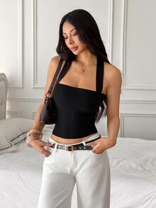 SHEIN PETITE Atasan Kasual Wanita Model Halter Neck, Gaya Serbaguna - Hitam - View 5