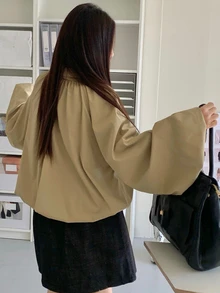 Dazy Plus Solid Color Loose Fit Lapel Lantern Sleeve Casual Elegant Vacation Fall Doll Blouse Jacket Office Going Out Beige - Khaki - View 2