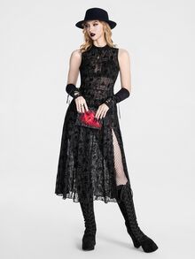 Breakform Women's Halloween Dark Pattern Printed Sheer Mesh Textured Asymmetrical Long Dress, Dark Asymmetrical Pattern Sheer Double Side High Slit Dress - Black - View 6
