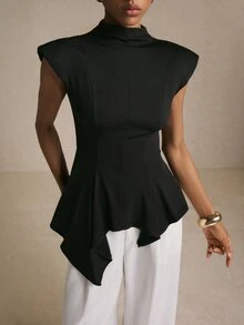 Poéselle Women's Black Stand Collar Cap Sleeve Asymmetric Hem Fashion T-Shirt,Chic Top,Elegant Women's Blouses,Work Outfits,Casual Blouses,Gothic,Fall/Winter - Black - View 5