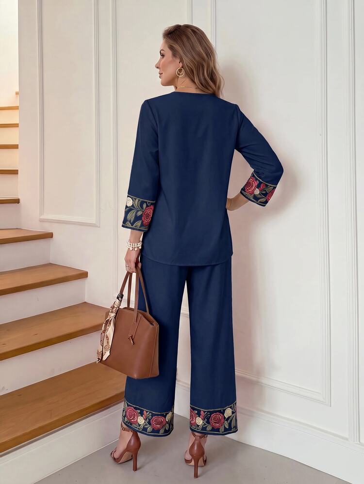 Miaspire Women's V-Neck Floral Print Top And Pants Set Vacation Mother Of The Groom Navy Blue Autumn Decent 1960s Theme Party Family Christening Guest Elegant - Navy Blue - View 2