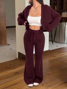 SHEIN EZwear 2件組女款休閒純色寬肩帶開襟衫與抽繩腰喇叭褲套裝，適合秋冬 - 酒紅色 - 查看 5