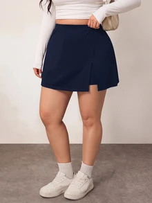 Enliva 大尺碼女款純色基本款海軍藍 A 字休閒迷你裙，修飾圓潤身型，適合冬季與蘋果型身材 - 藏蓝色 - 查看 3