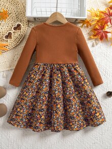 Emery Rose Kids Emery Rose Kids 女童小女孩拼色休閒日常夏季旅行洋裝 秋季風格 秋冬日常 農場萬聖節穿搭 - 卡其色 - 查看 5