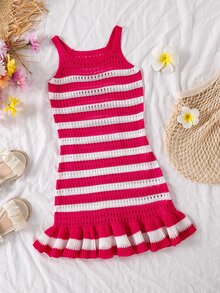 Girls' Perforated Beach Dress, Spaghetti Strap, Yellow And White Striped Color Block, Pleated Ruffle Hem, Cute Casual Versatile Summer Beach Vacation Dress - Hot Pink - View 5