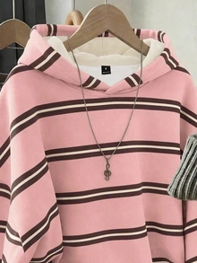 SHEIN EZwear 韓式Y2K休閒時尚百搭粉色與白色條紋圖案運動衫，適合外穿、攝影、露營、日常上學，秋季適用 - 彩色 - 查看 4