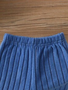 SHEIN Playful Pals 柔軟刷毛布料熊刺繡圖案對比色男嬰休閒套裝 - 藍色 - 查看 5