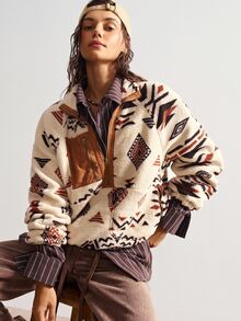 Bohemela Sweatshirt Kasual Wanita Ukuran Besar dengan Motif Geometris, Lengan Panjang Raglan, dan Resleting untuk Musim Dingin. - MultiWarna - View 4