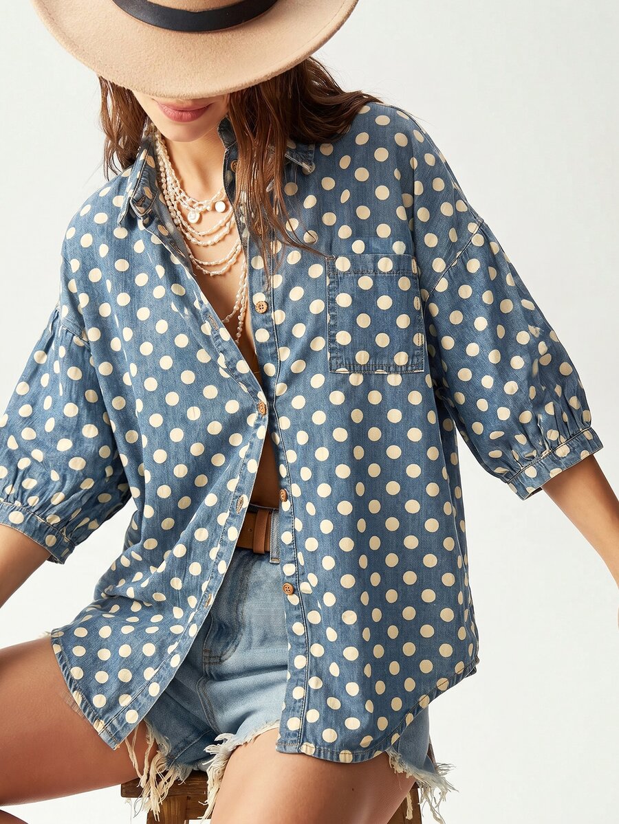 Bohemela Plus Size Vacation Casual Polka Dot Print Shirt - Blue - View 1