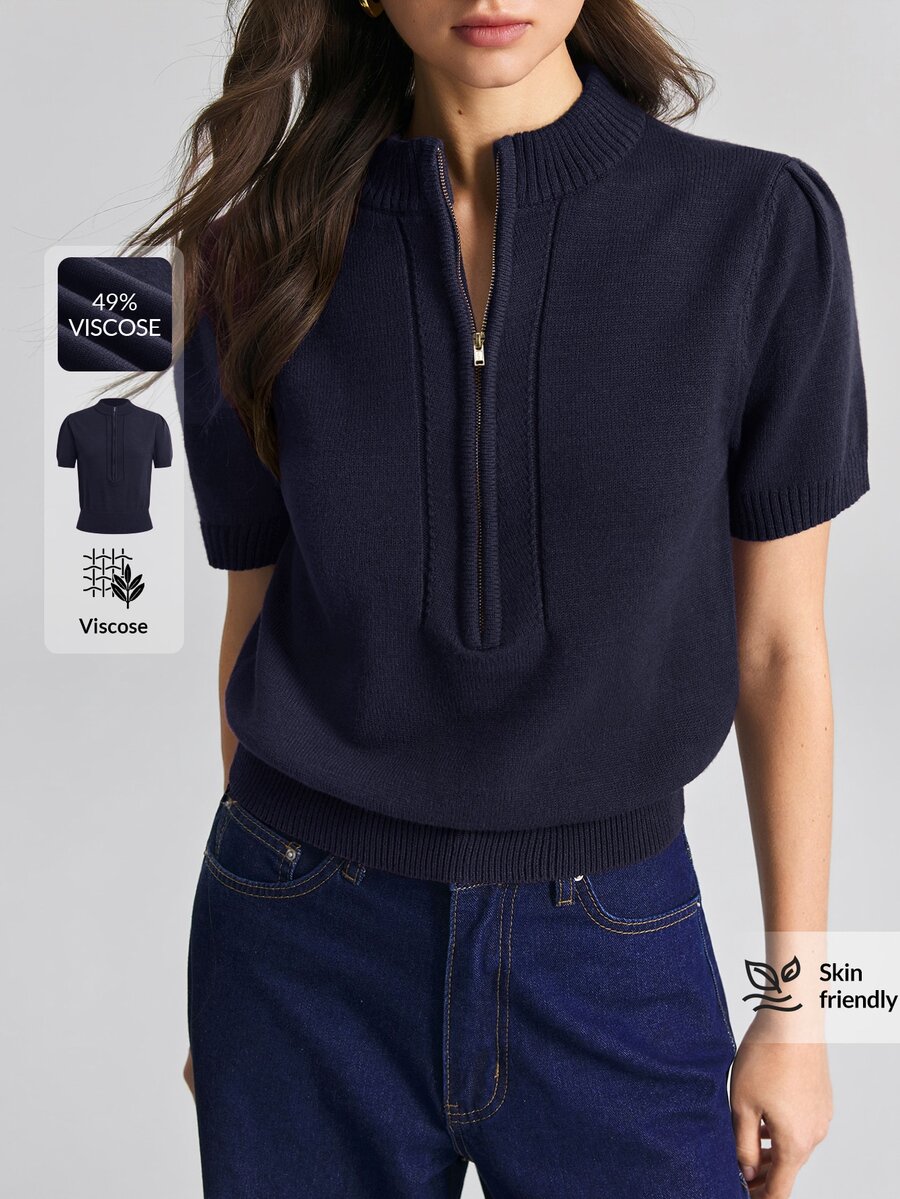 Ontre Women's Minimalist Versatile Zipper Short Sleeve Knit Top - Navy Blue - View 1