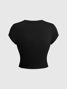 Batman X ROMWE Collaboration Hollow-Out Contrast Mesh Design Fitted Cropped Women's T-Shirt - Black - View 2