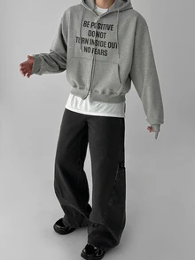 DAZY 春秋款男士修身彎腿拼接撞色大口袋水洗磨損牛仔長褲 - 深灰色 - 查看 3