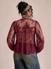 Freevana 女款蕾絲貝殼鈕扣透視襯衫，大尺碼寬鬆優雅上衣，適合日常穿著、外出、通勤、度假，春夏季 - 酒紅色 - 查看 2