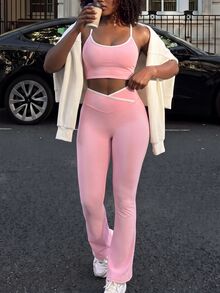 Rovax Women's Cropped Camisole Tank Top And Flare Leggings Sports Set - Baby Pink - View 1