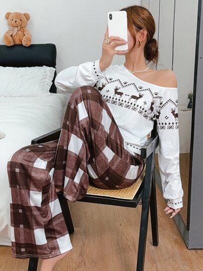 Napfluff Conjunto de pijama para mujer con estampado de ciervo navideño, a cuadros, casual, con hombro asimétrico, ropa de estar en casa