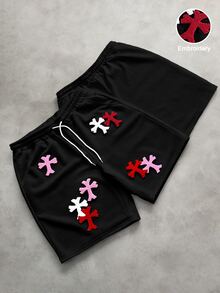 PAVTROS 男士抽繩腰十字縫線 3D 刺繡口袋寬腿休閒運動長褲，Y2K 風格運動長褲，男士 3D 刺繡運動長褲 - 黑色 - 查看 4