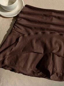 Comfortcana 休閒棕色極簡風百褶裙 - 棕色 - 查看 5
