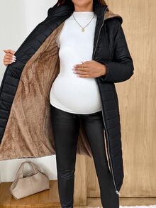 SHEIN Maternity Winter Comfortable Pockets Zipper Hooded Padded Coat - Black - View 8