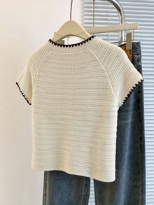 Franclia Áo cardigan len dệt kim tay ngắn viền gợn sóng phối màu tương phản - Màu be - Xem 2