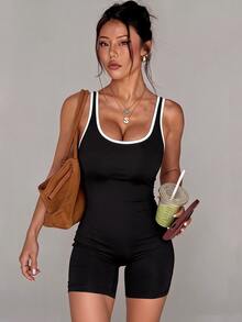 Dewbera Dewbera With My Calm Contrast Trim Sleeveless Sports Jumpsuit Women Tight Yoga Unitard - Black - View 3