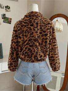 SHEIN 青少年女孩秋季服飾 美式復古豹紋半拉鍊抓絨衛衣 寬鬆慵懶立領套頭上衣 - 棕色 - 查看 2