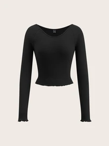 SHEIN BASICS 休閒極簡風女款雪花棉質插肩袖長袖T恤，適合街頭穿搭，時尚優雅，羅紋針織紋理 - 彩色 - 查看 2