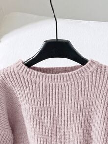SHEIN 女童寬鬆簡約圓領綁帶袖裝飾秋季毛衣，棕色針織羅紋蝴蝶結套頭衫，適合冬季校園返校穿搭 - 粉色 - 查看 3