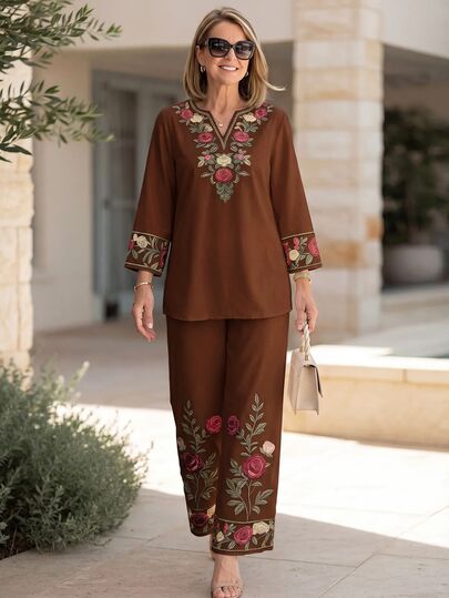 Miaspire Floral Print Shirt Long Pants Set Middle-Aged Elderly Women Party Guest Formal Vacation Mother Of The Groom Brown Autumn Casual Elegant