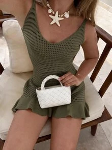 Flora Isola Flora Isola 女款春夏海灘休閒度假風無袖V領露背針織洋裝 - 橄欖綠 - 查看 3