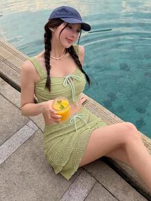DAZY 女款紋理布料方領連身背心與裙子3件套，休閒連身泳衣沙灘裝，適合秋季度假 - 綠色 - 查看 3