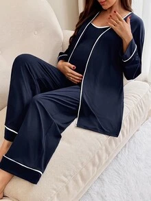 Slowluna 哺乳功能連身褲配條紋對比色長袖外套 2件套 - 藏蓝色 - 查看 5