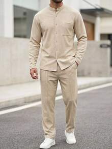DAZY Spring/Autumn Solid Apricot Shirt Top With Elastic Waist Drawstring Pants, Slightly Loose Fit Men's Shirt Set - Apricot - View 3