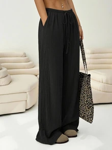 Solflare Plus Size Solid Color Casual Knotted Wide Leg Pants, Linen Wide Leg Pants, Women's Autumn Business Casual Style Fall - Black - View 4